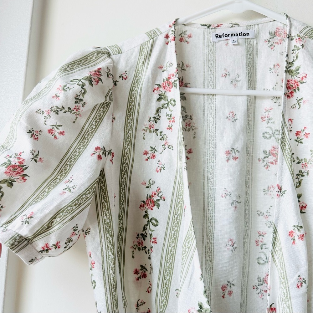 Reformation Cream Floral Stripe Wrap Midi Dress with Pink Blossoms - Picture 5 of 8